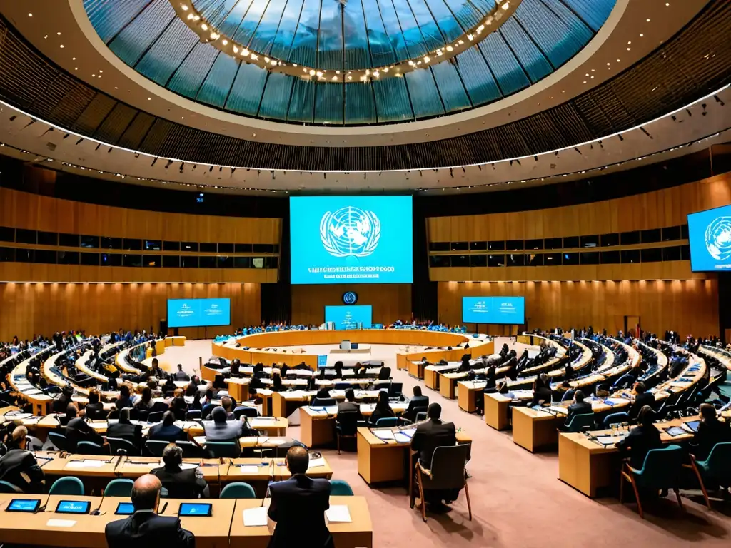 Delegados de diferentes países en intensas discusiones en una conferencia de cambio climático de la ONU