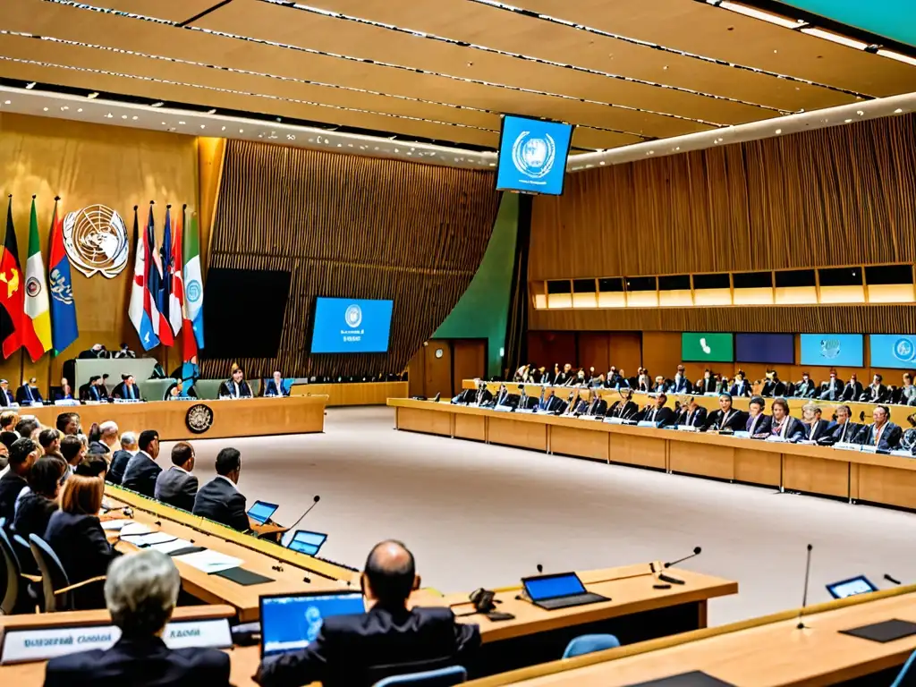 Delegados de distintos países discuten legislación ecológica en una sala de la ONU, reflejando su crucial rol