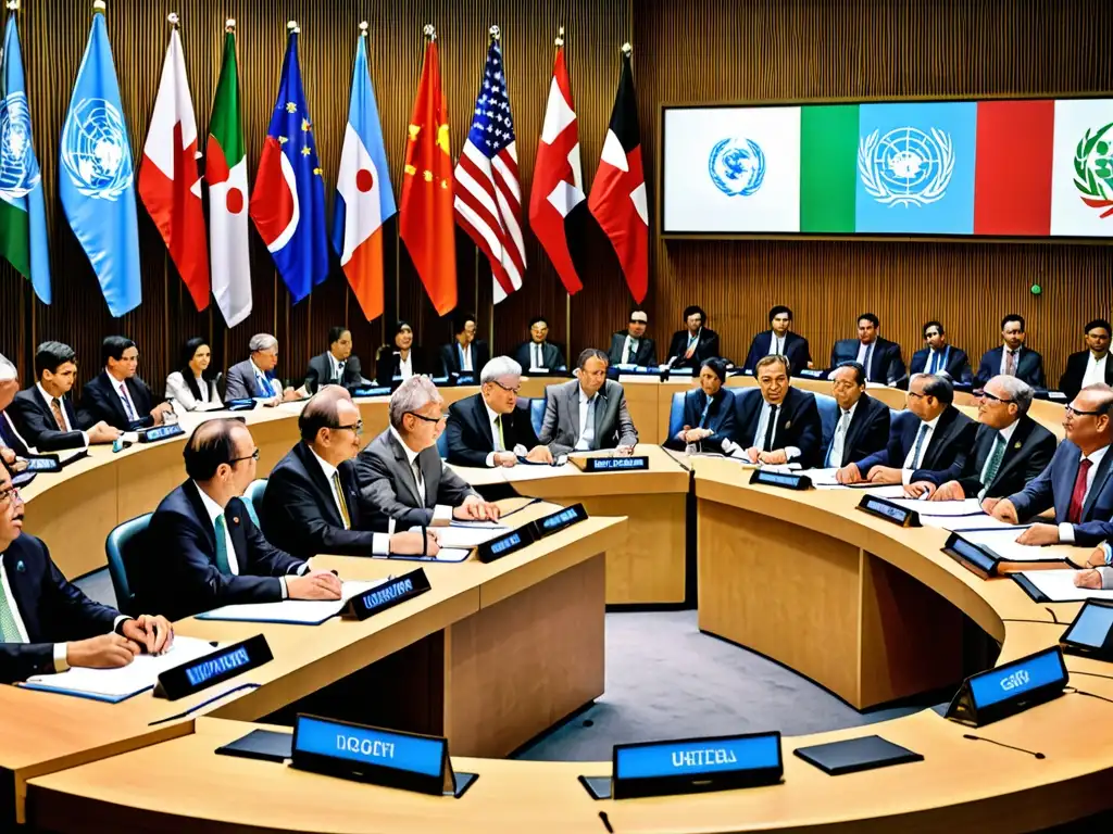 Delegados en la sala de conferencias de las Naciones Unidas discuten sobre la transferencia de tecnología limpia normativas internacionales