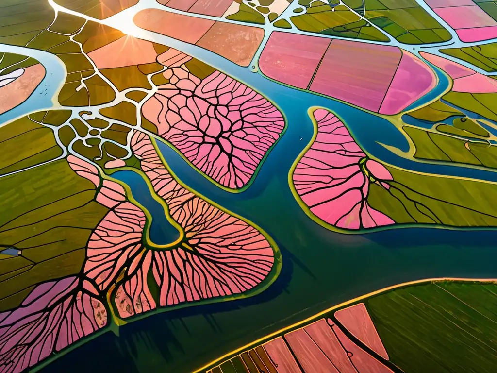 Delta fluvial al atardecer: belleza natural y vida humana Un delta fluvial exuberante con desafíos en la gestión hídrica global