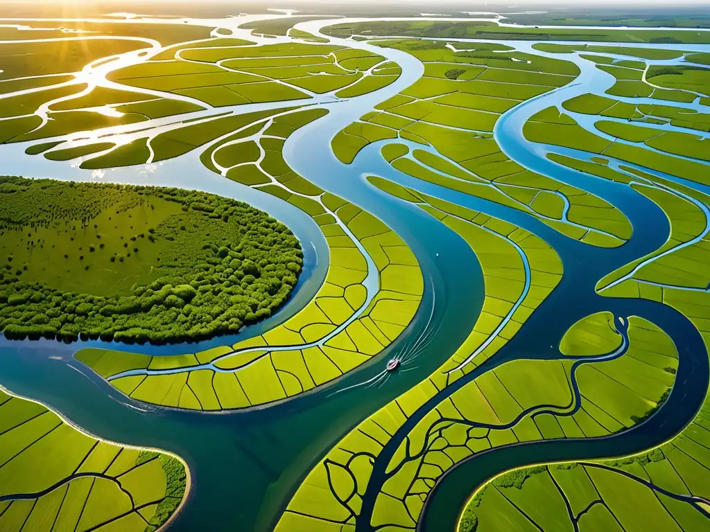 Delta del río: belleza natural en acción Un delta de río serpenteante entre humedales verdes, reflejando la luz del sol