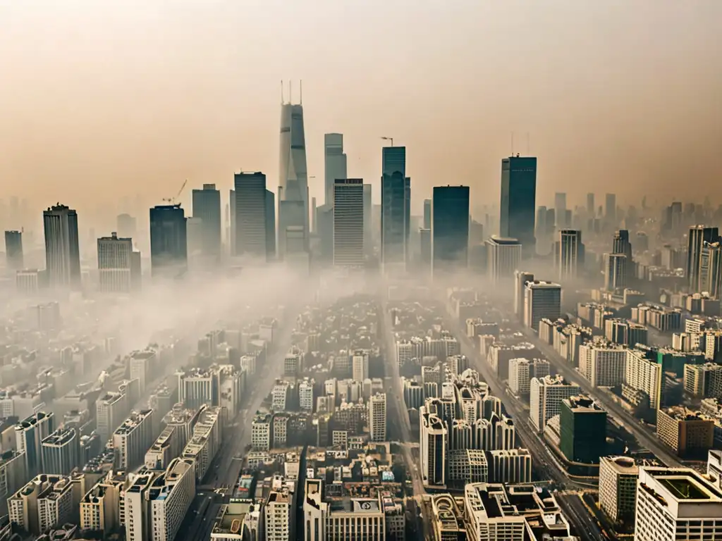 Una densa capa de smog cubre el horizonte urbano, con estaciones de monitoreo de la calidad del aire