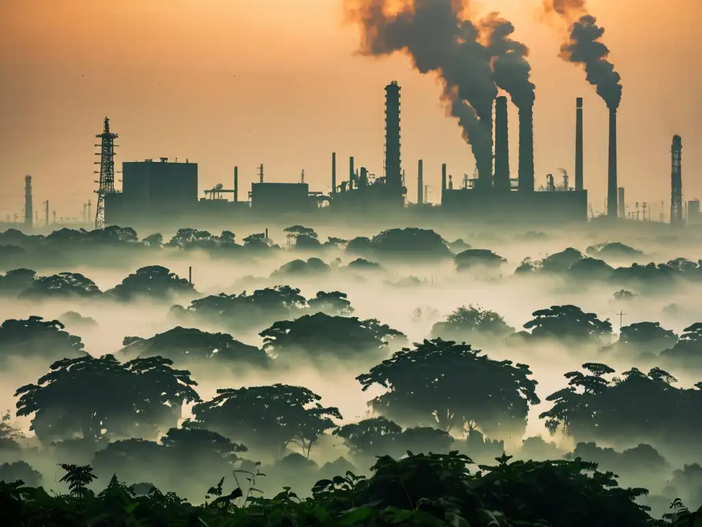 Una densa neblina envuelve un bosque verde, con estructuras industriales al fondo