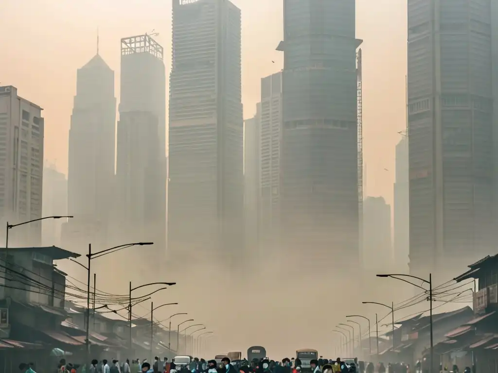 Una densa neblina de contaminación ambiental cubre una bulliciosa ciudad asiática, apenas dejando visibles los rascacielos a través del smog