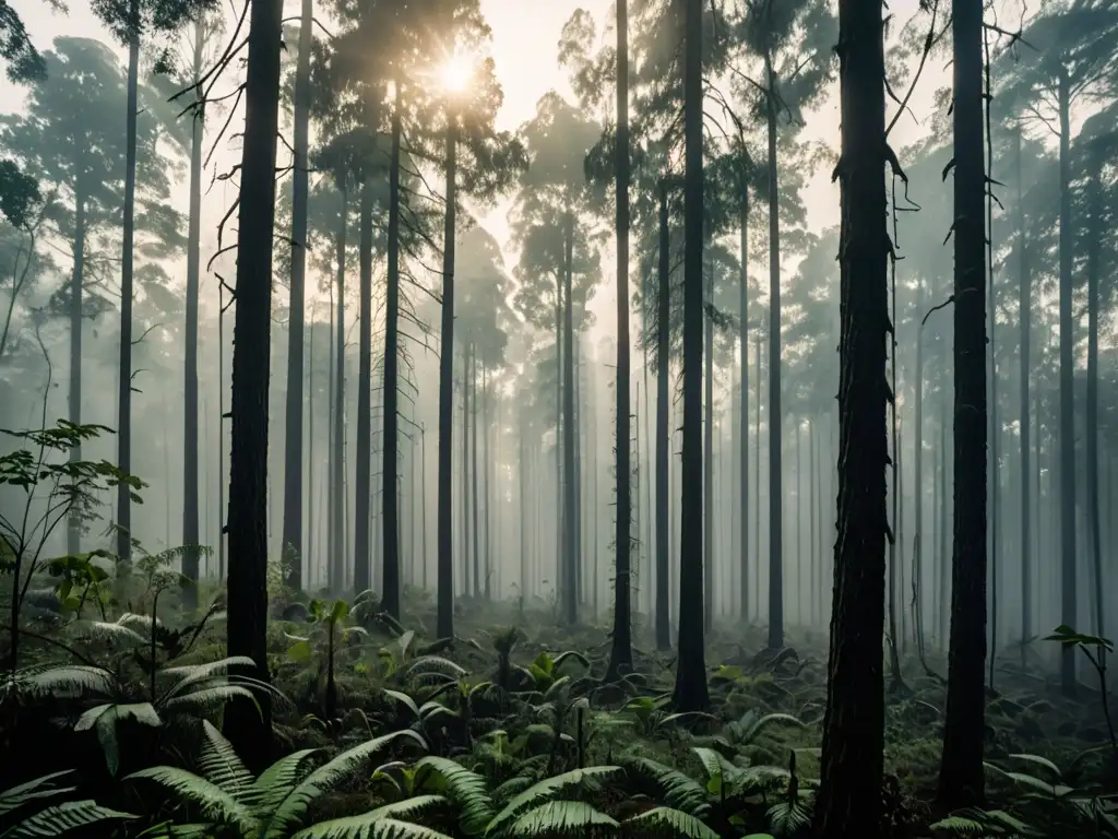 Un denso bosque envuelto en una espesa niebla, iluminado por el sol