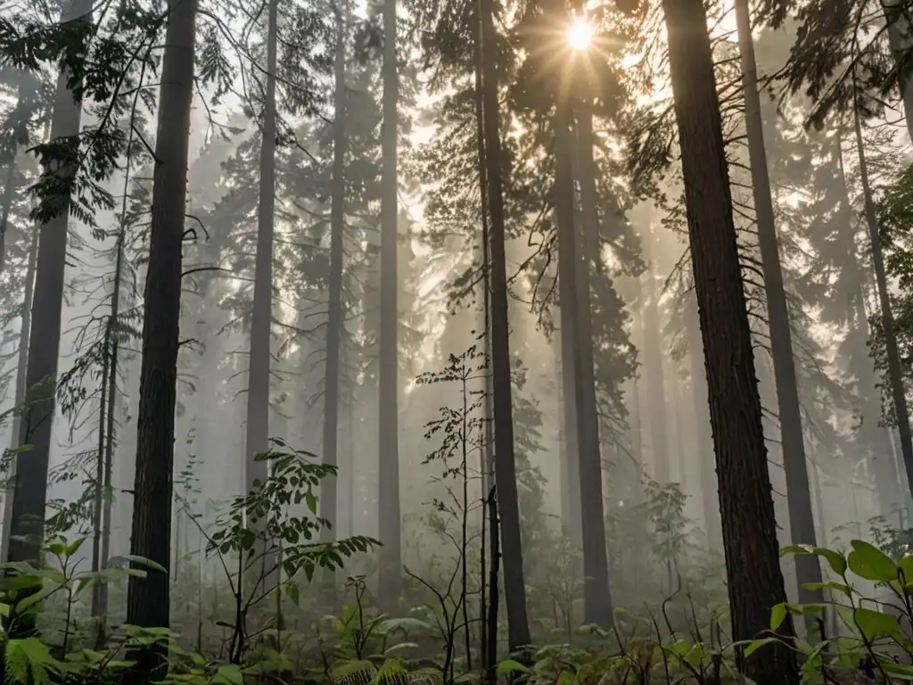 Un denso smog cubre un bosque, con el sol luchando por brillar entre el aire gris