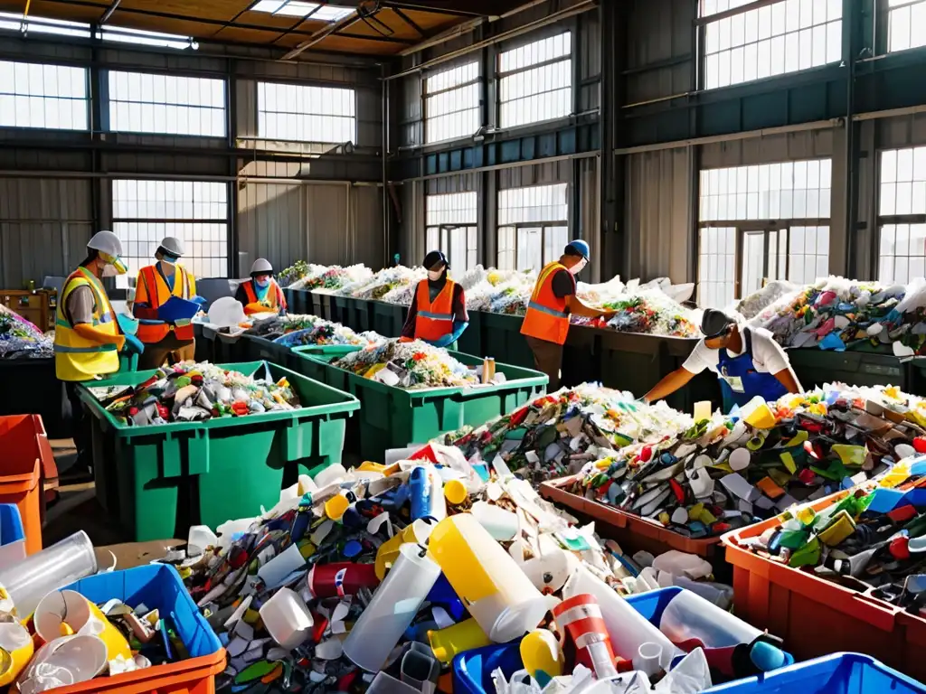 Derecho ambiental y acuerdos comerciales: Trabajadores clasificando materiales reciclables en un ambiente laborioso y vibrante, con luz solar filtrándose a través de las ventanas