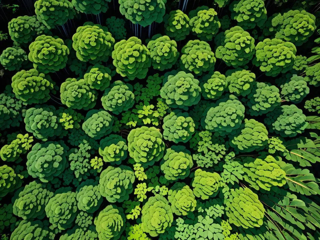 Derecho ambiental y acuerdos internacionales: Fotografía aérea de exuberante selva con tonos verdes diversos, creando un paisaje impresionante