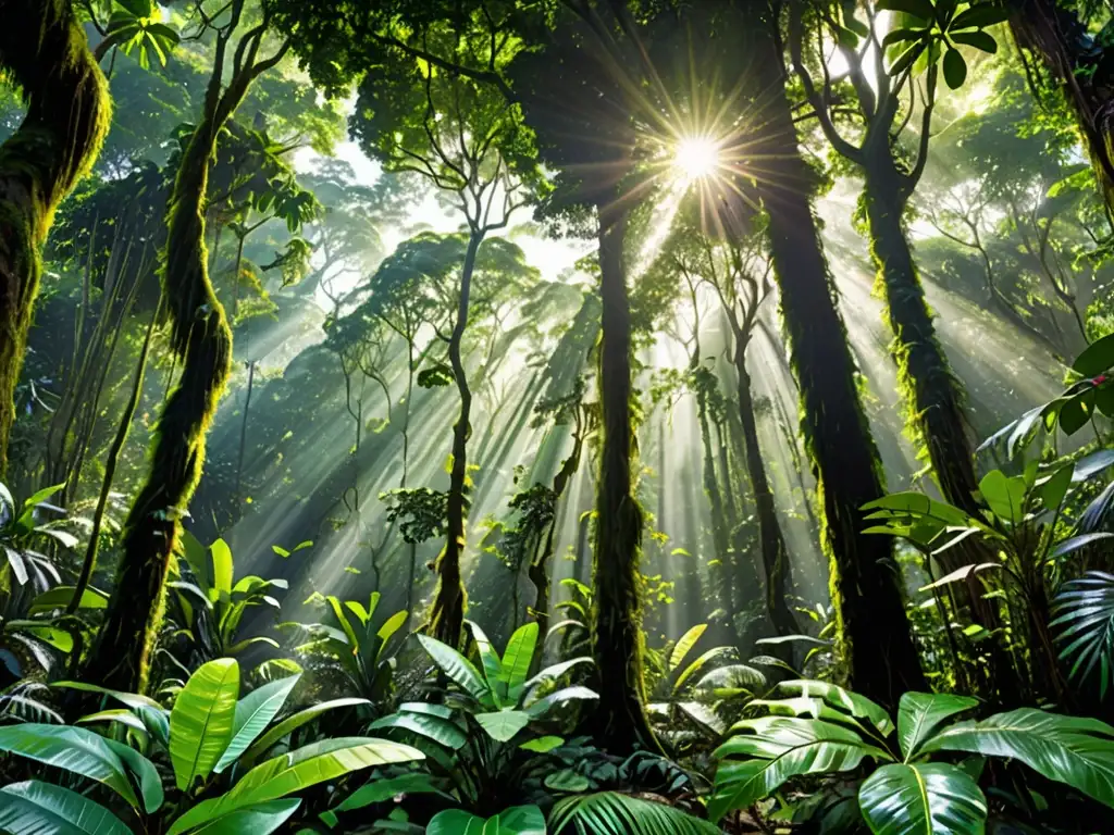 Derecho ambiental y cadenas globales: Selva lluviosa exuberante, vida silvestre diversa, juego de luz y sombra en el suelo del bosque