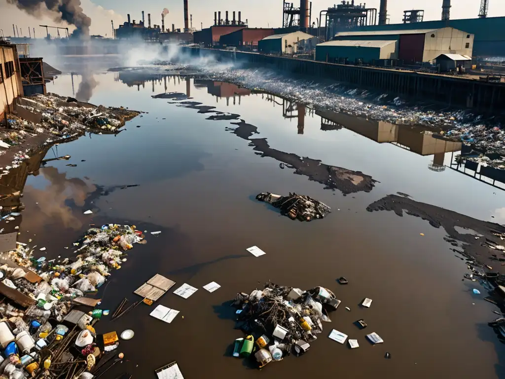 Derecho ambiental casos reales práctica: Imagen desgarradora de un río contaminado por desechos, rodeado de fábricas emitiendo humo