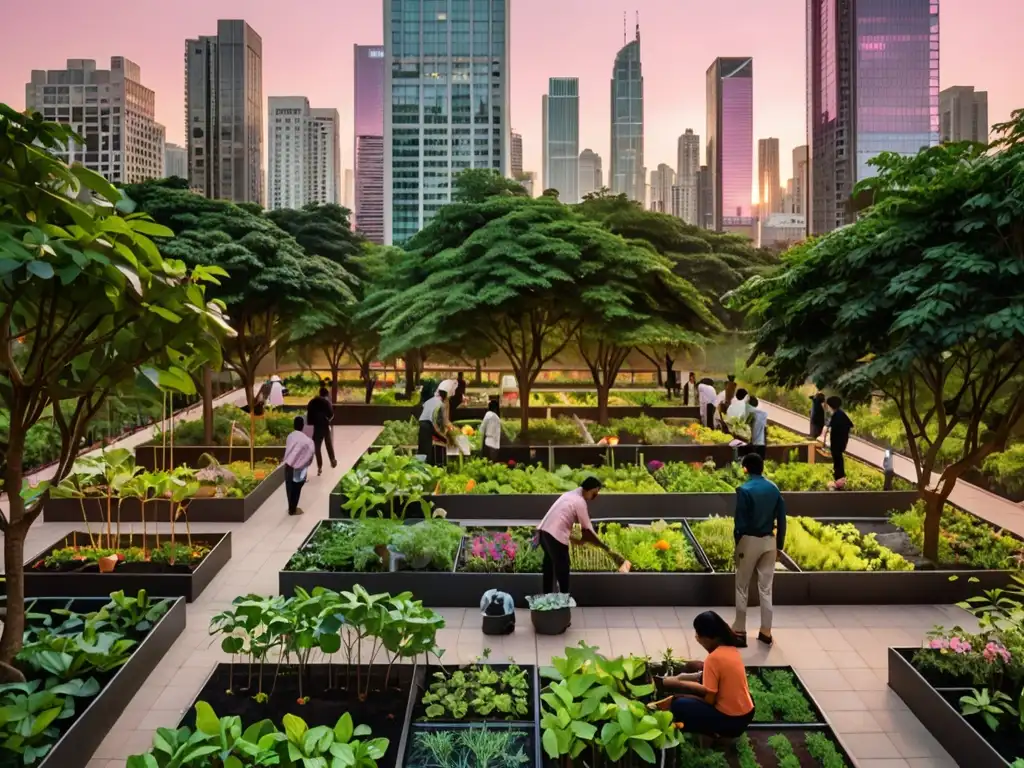 Derecho ambiental y desarrollo sustentable: Ciudad moderna al atardecer con conservación comunitaria y naturaleza urbana