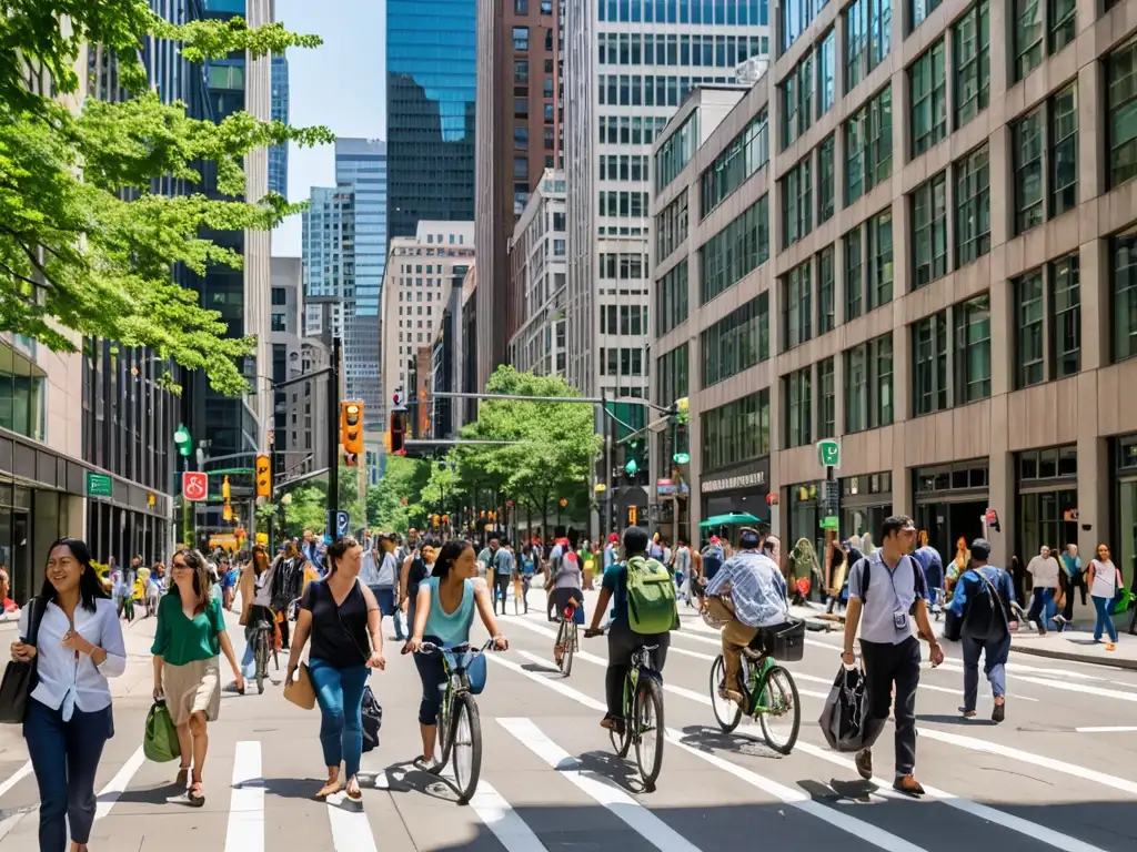 Derecho ambiental y desarrollo sustentable en acción: vida urbana vibrante y diversa con edificios modernos, espacios verdes y arte público