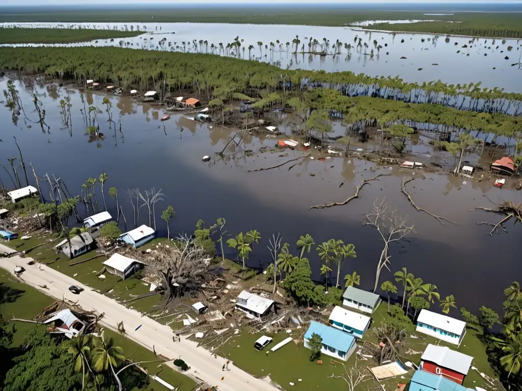 Derecho Ambiental para prevenir desastres: Devastación costera tras un desastre natural, con árboles derribados y ayuda de emergencia