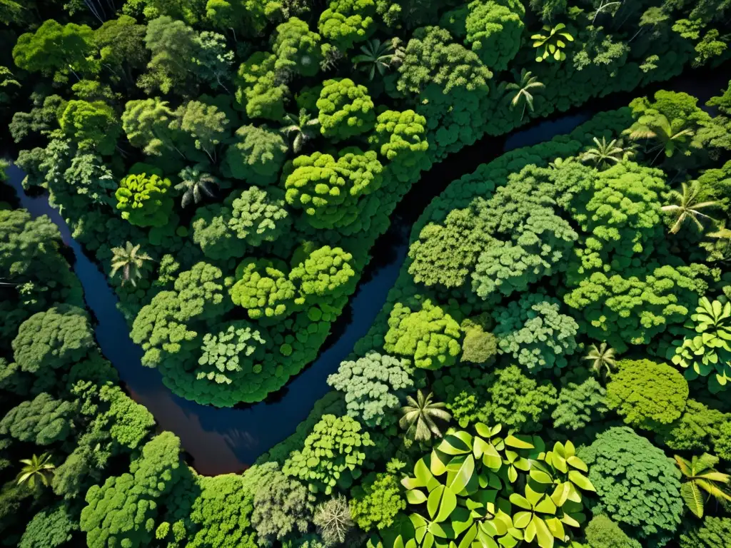 Derecho Ambiental para prevenir desastres: Una exuberante selva tropical llena de vida y vegetación, con un intrincado dosel y un río serpenteante