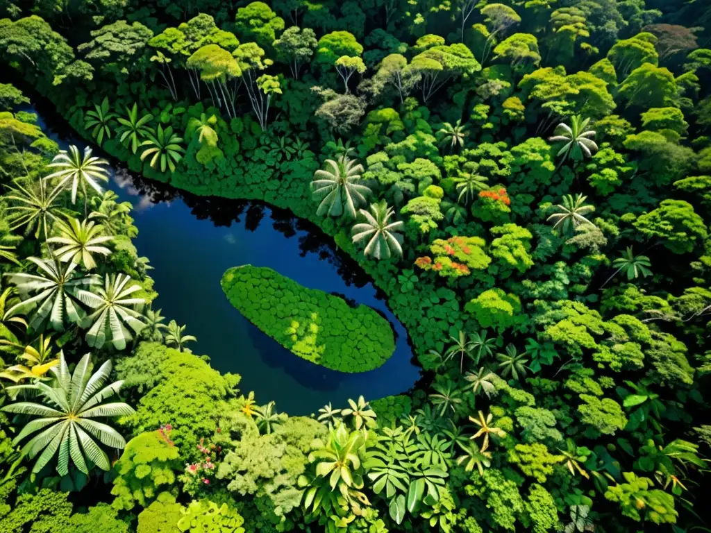 Derecho Ambiental para prevenir desastres: Imponente vista aérea de un exuberante bosque lluvioso, hogar de diversa flora y fauna