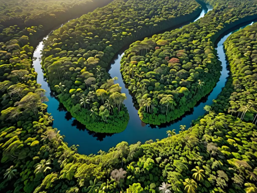 Derecho Ambiental para prevenir desastres: Vista aérea impresionante de un exuberante y extenso bosque lluvioso, con un dosel diverso de árboles que se extiende hasta donde alcanza la vista