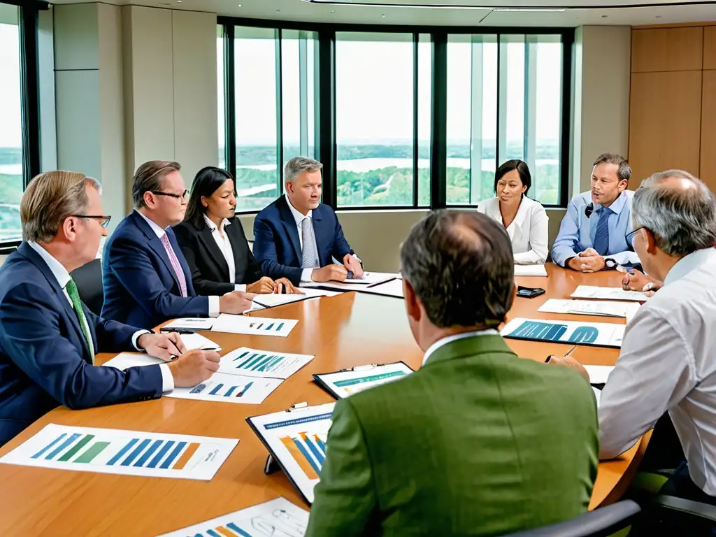 CEO liderazgo derecho ambiental: Directivos y expertos analizan informes ambientales en una sala llena de luz natural