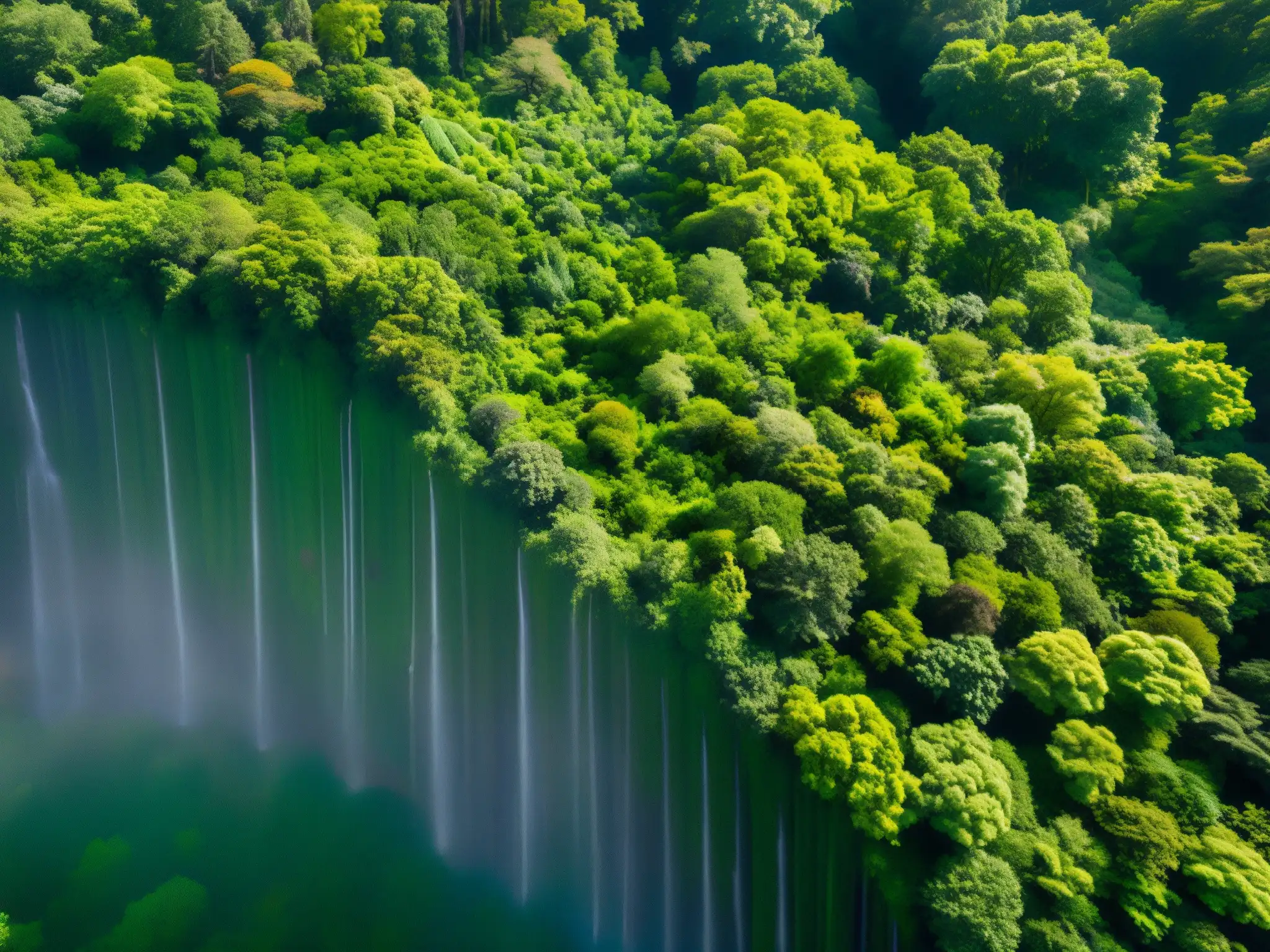 Derecho Ambiental Empresas Rentabilidad: Bosque exuberante, luz solar entre el denso dosel, vida silvestre vibrante en equilibrio