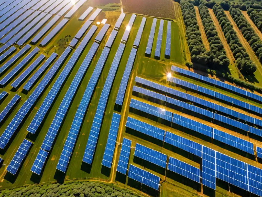 Derecho ambiental para energías renovables: Imagen aérea de granja solar con paneles relucientes bajo el sol, integrando tecnología y naturaleza