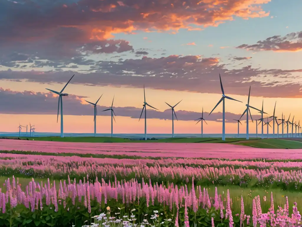 Derecho ambiental para energías renovables: Atardecer en un parque eólico, con turbinas en un paisaje natural armonioso y sostenible