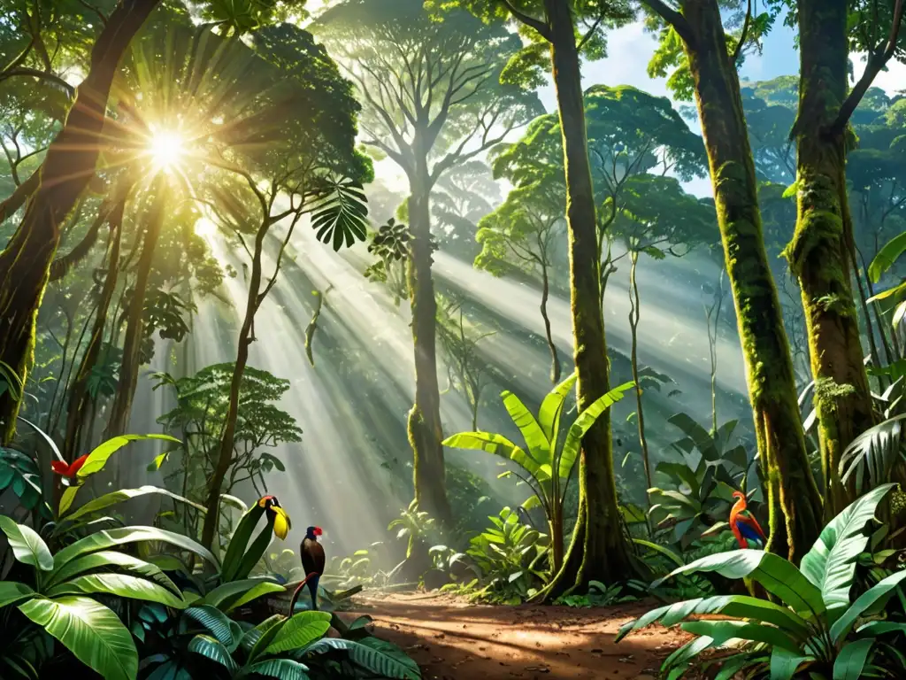 Derecho ambiental y ética global: Imponente selva virgen con exuberante vegetación, diversa vida silvestre y luz solar filtrándose entre el dosel