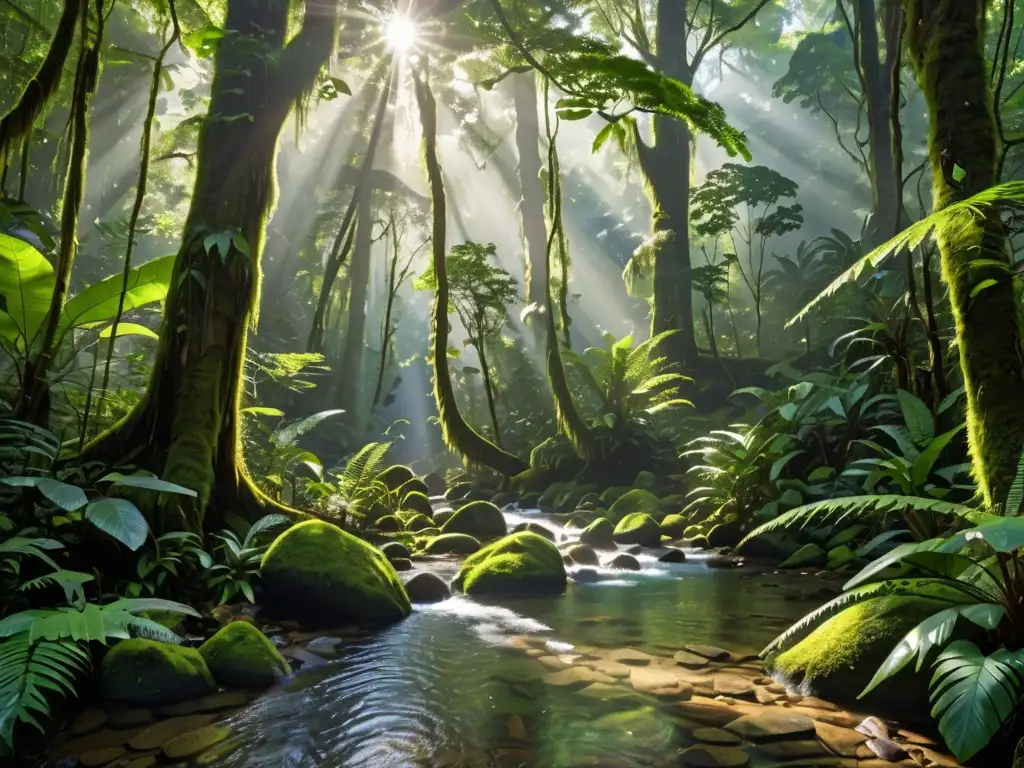 Derecho ambiental y ética global: Impresionante escena de selva tropical virgen con árboles imponentes, exuberante vegetación y vida silvestre diversa