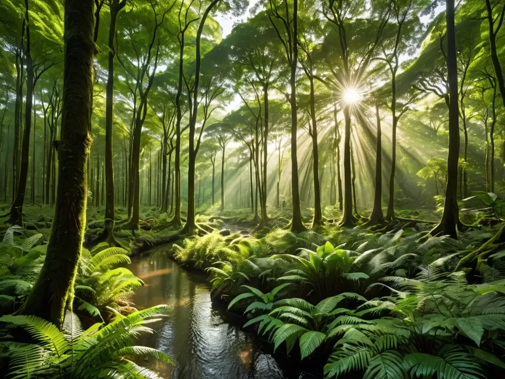 Derecho Ambiental internacional eventos climáticos: Imagen de un bosque intocado, con río y luz filtrándose entre el denso dosel