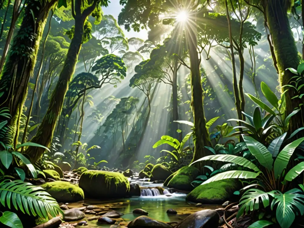 Derecho ambiental para inversiones corporativas: Imagen de una exuberante selva tropical con árboles altos, vegetación vibrante y vida silvestre diversa, bañada por la luz del sol