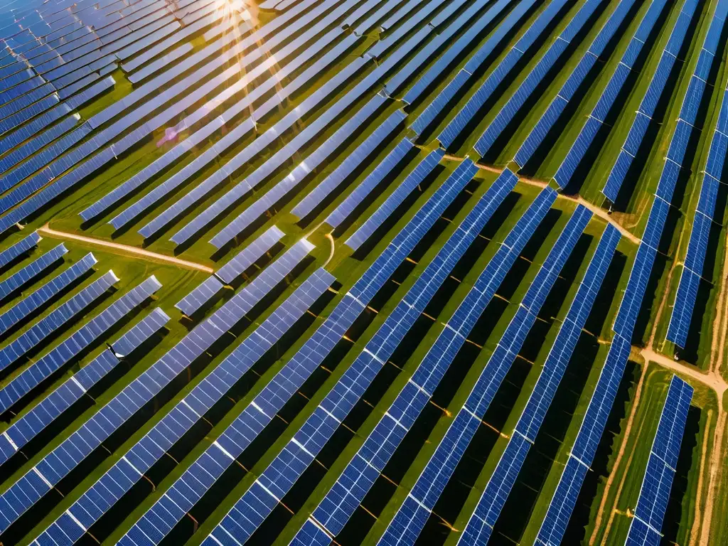 Derecho ambiental y nanotecnología renovable: Impresionante vista aérea de una granja solar con paneles relucientes bajo un cielo azul