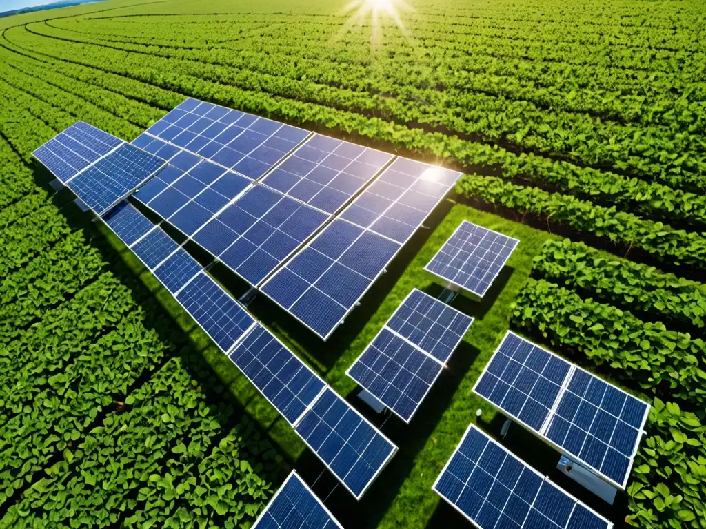 Derecho ambiental y nanotecnología renovable: Detalle de paneles solares en campo verde, reflejando innovación y armonía con la naturaleza