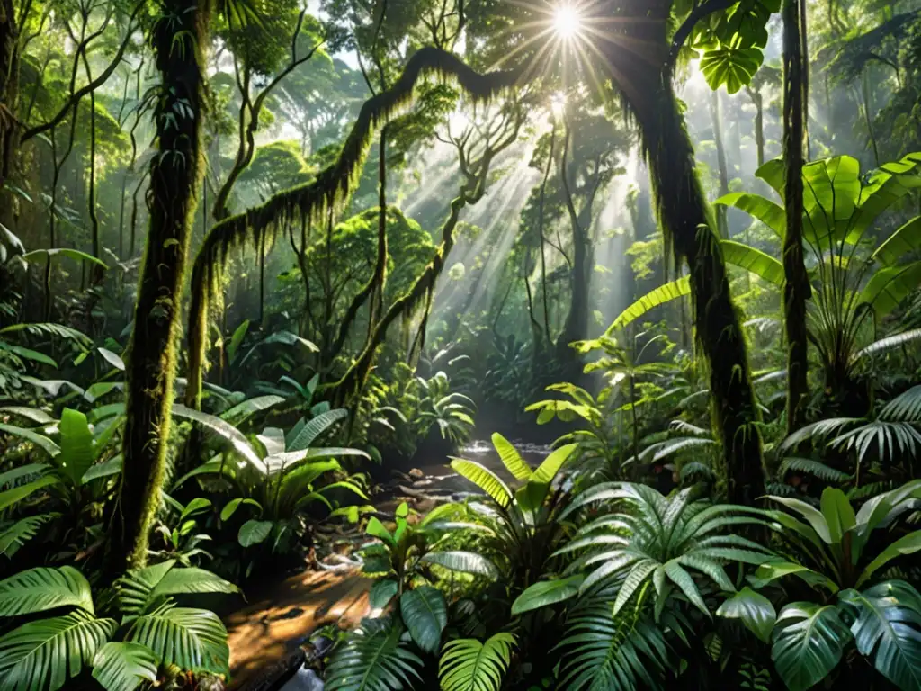 Derecho ambiental y ética global: Fotografía panorámica de un exuberante bosque tropical, con diversa vegetación y árboles imponentes, bañados por la luz del sol y la tranquilidad de un arroyo