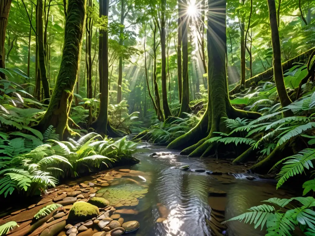 Derecho ambiental post COVID-19: Un exuberante bosque con luz solar filtrándose entre el denso dosel, creando un paisaje natural cautivador y resiliente, con un arroyo que agrega tranquilidad