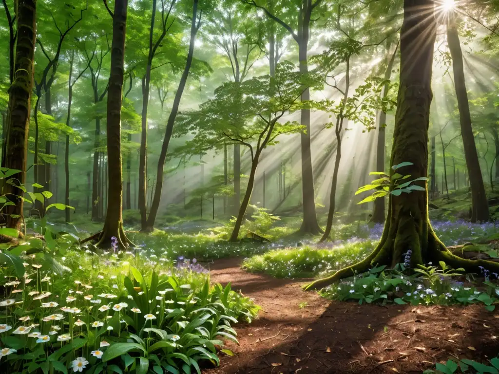 Derecho ambiental post COVID-19: Bosque exuberante, rayos de sol entre el dosel, vida vegetal diversa y suelo fértil