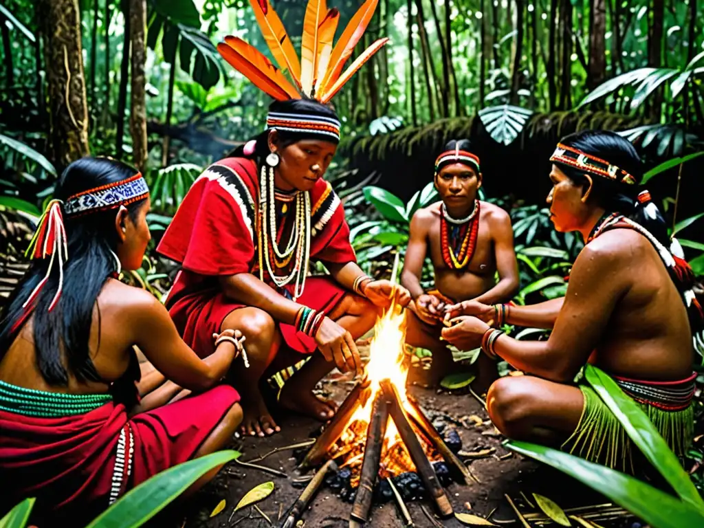 Derecho ambiental y pueblos indígenas: Comunidad indígena reunida alrededor de una fogata en la exuberante selva, en armonía con la naturaleza