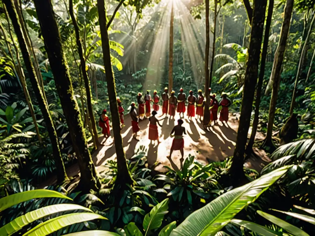 Derecho ambiental y pueblos indígenas: Comunidad indígena en la exuberante selva, resaltando la armonía entre la naturaleza y las tradiciones