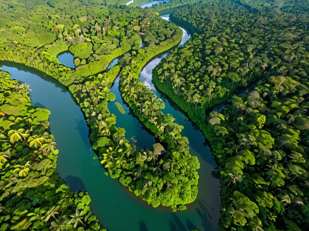 Derecho ambiental y pueblos indígenas: selva exuberante, río serpenteante, luz filtrada entre árboles gigantes y una aldea indígena al fondo