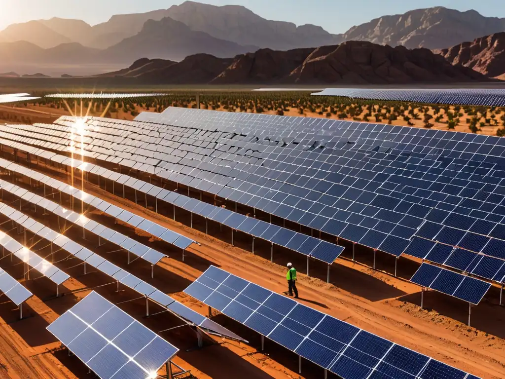 Derecho de la energía en cambio climático: Ingenieros inspeccionan granja solar en desierto al atardecer, con paneles relucientes y montañas al fondo