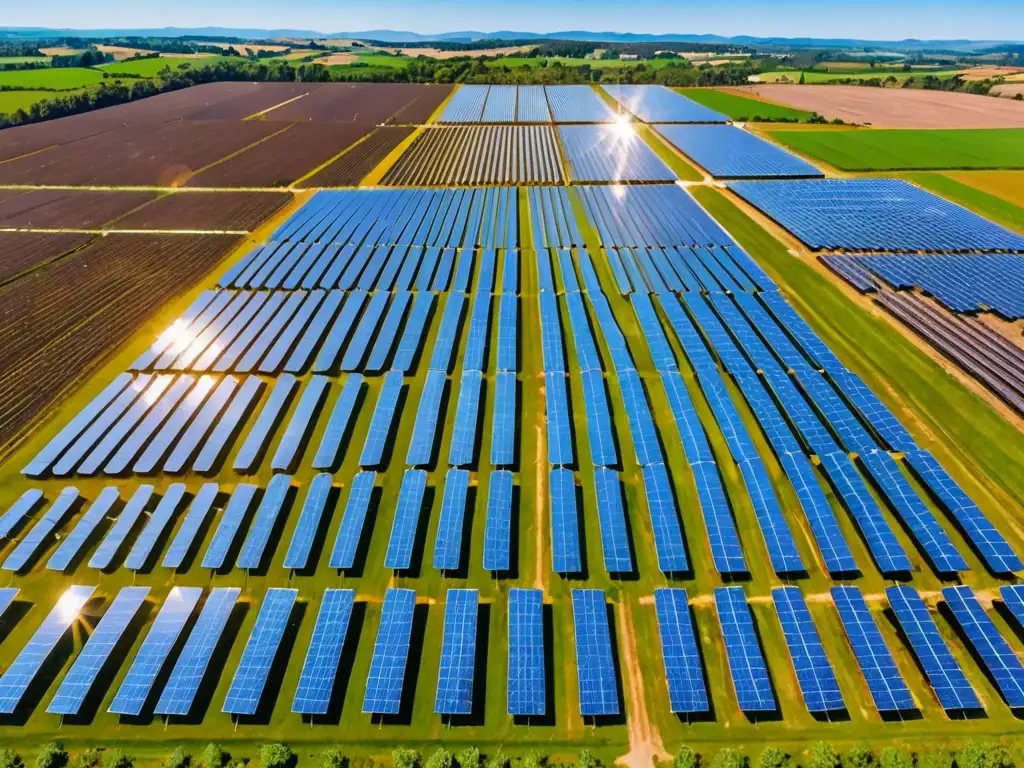 Derecho de la energía en cambio climático: Vista panorámica de una planta solar con paneles relucientes bajo el cielo azul y paisaje verde