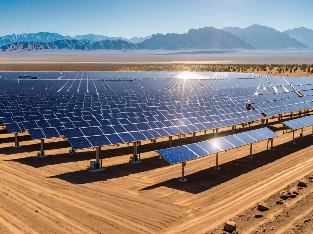 Derecho de la energía en cambio climático: Planta solar en el desierto con paneles relucientes y personal monitoreando la producción de energía