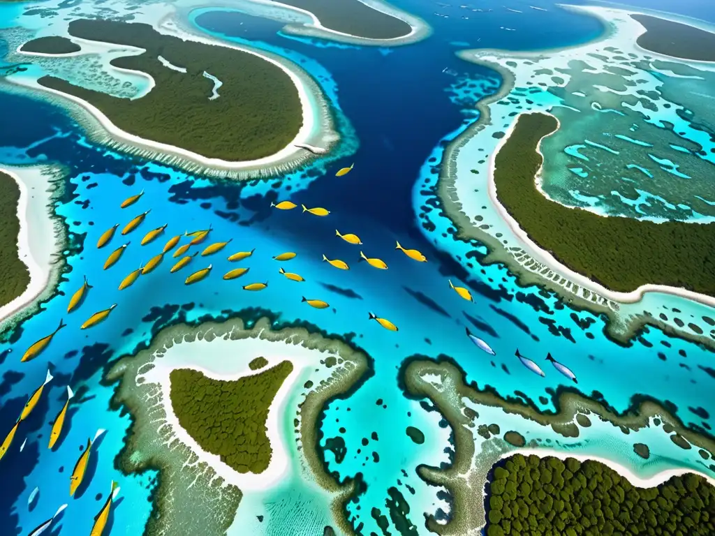 Derecho del Mar conservación marina: Vista aérea de un santuario marino con aguas cristalinas, arrecifes de coral y vida marina vibrante