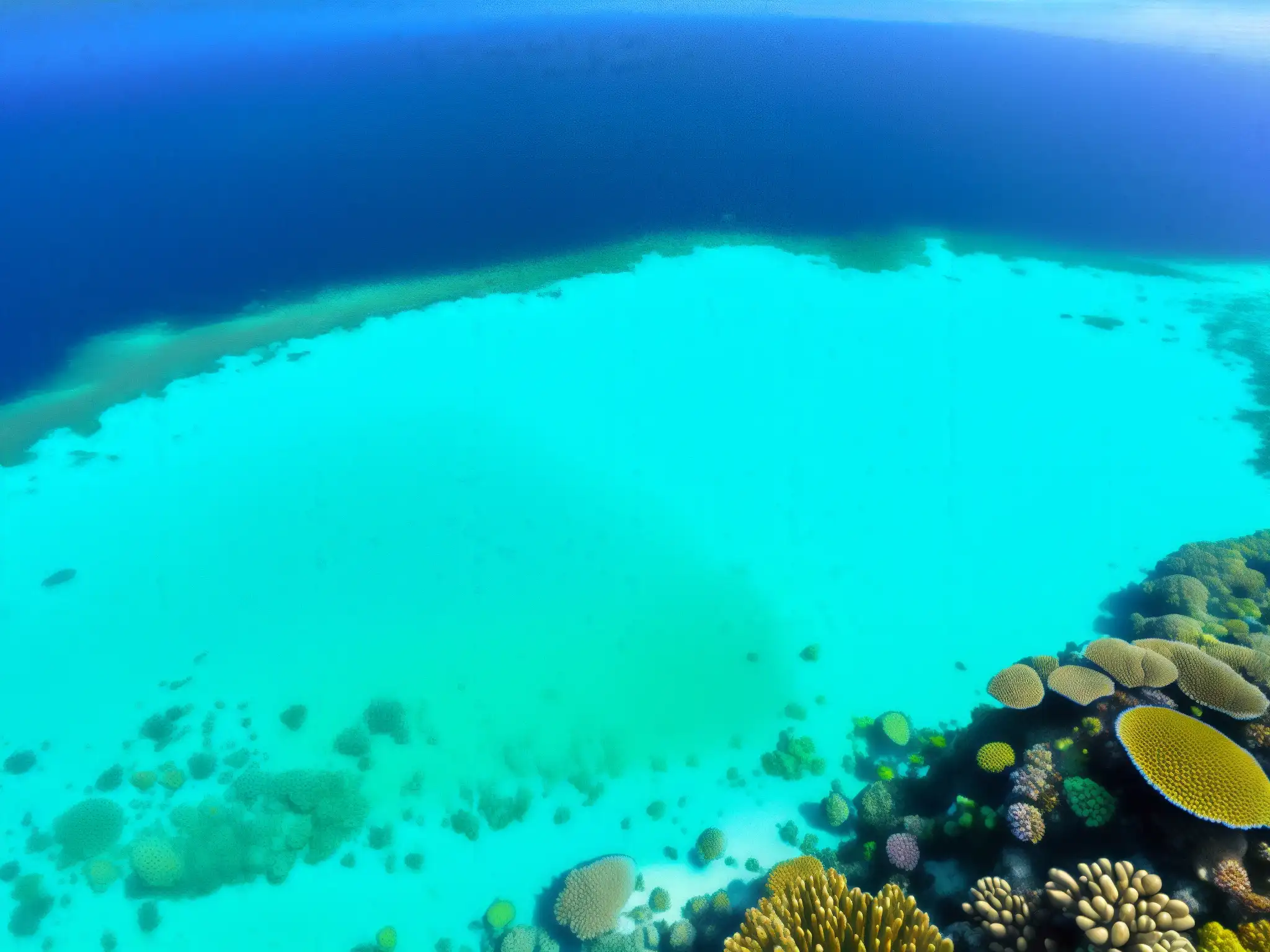 Derecho del Mar conservación marina: Vista aérea de un vibrante ecosistema de arrecifes de coral, con aguas cristalinas y vida marina colorida