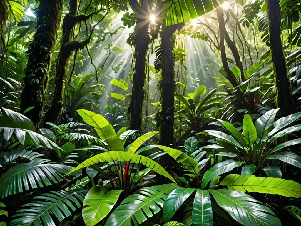 Derechos ambientales en constituciones América: Un exuberante dosel de selva tropical, con hojas verdes vibrantes y diversa vida vegetal