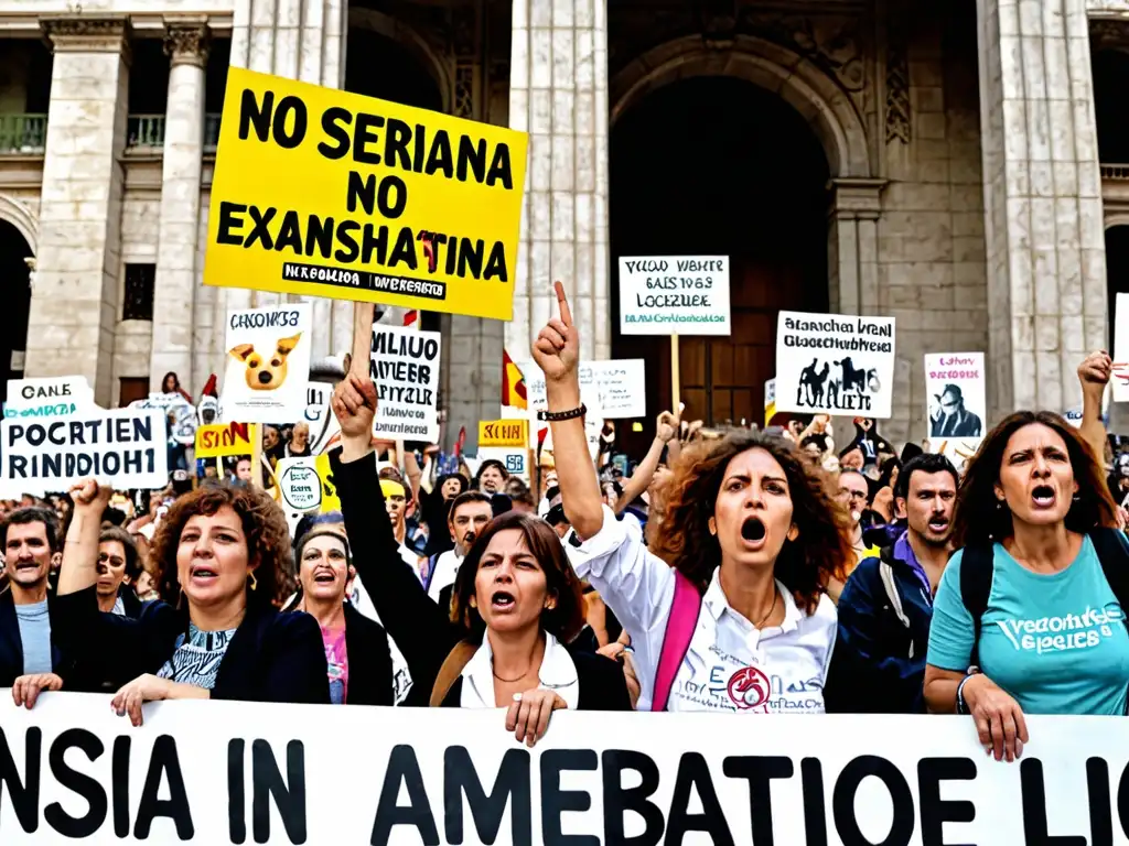 Manifestación por los derechos animales y legislación ambiental frente al Parlamento español, con pancartas vibrantes y emotivas expresiones faciales