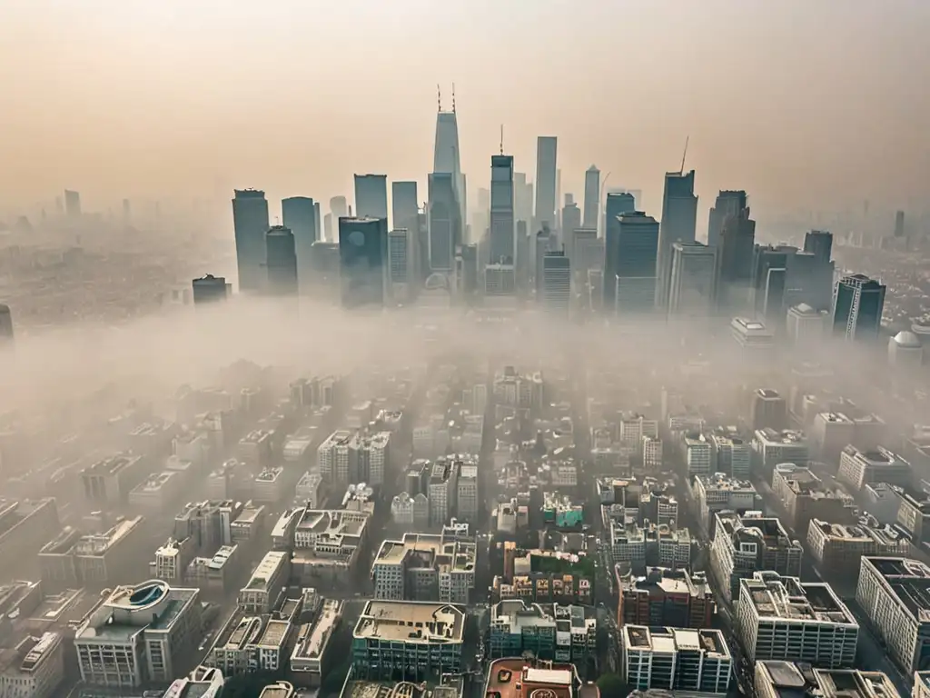 Derechos ciudadanos en la Ley de Aire Limpio: Una ciudad envuelta en smog, con edificios apenas visibles