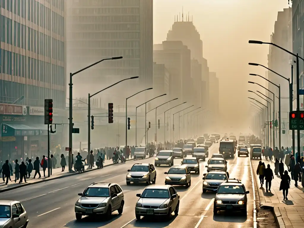 Derechos ciudadanos en la Ley de Aire Limpio: Imagen de una ciudad envuelta en smog, con impacto ambiental palpable y urgencia de acción