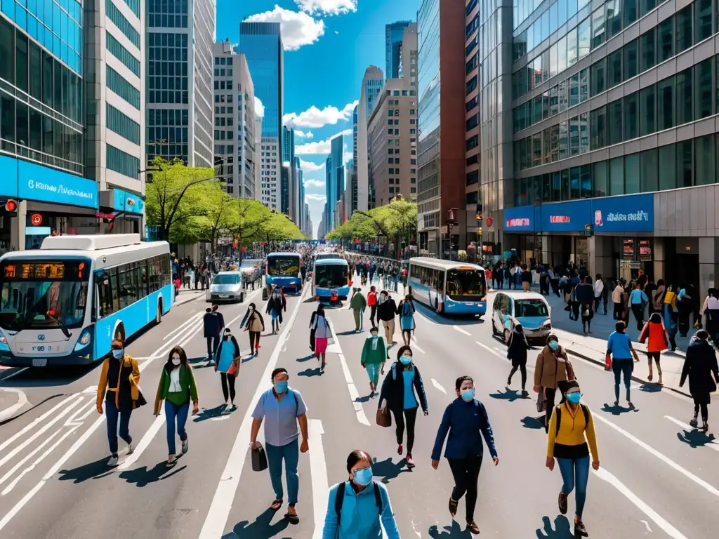 Derechos ciudadanos en la Ley de Aire Limpio: Una bulliciosa calle de la ciudad llena de personas con mascarillas, rodeada de edificios altos y cielo azul claro