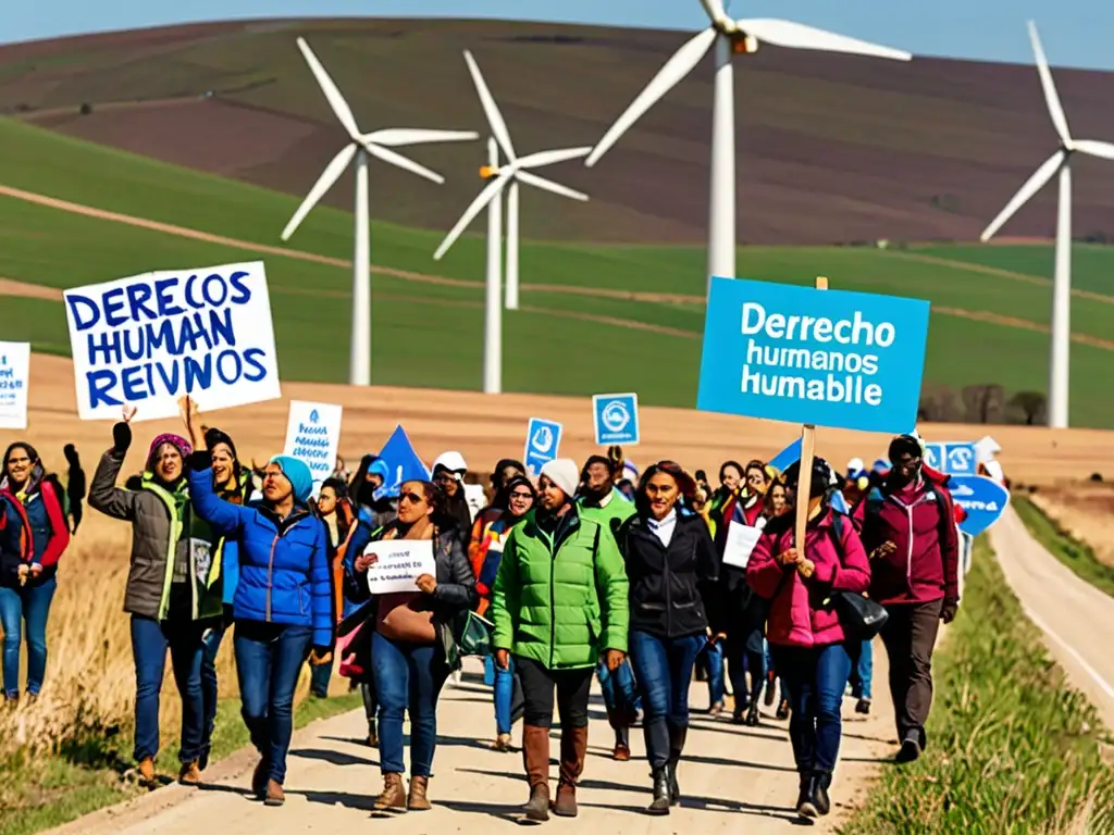 Manifestación por derechos humanos y energía renovable frente a parque eólico, conectando causas y urgencias de transformación