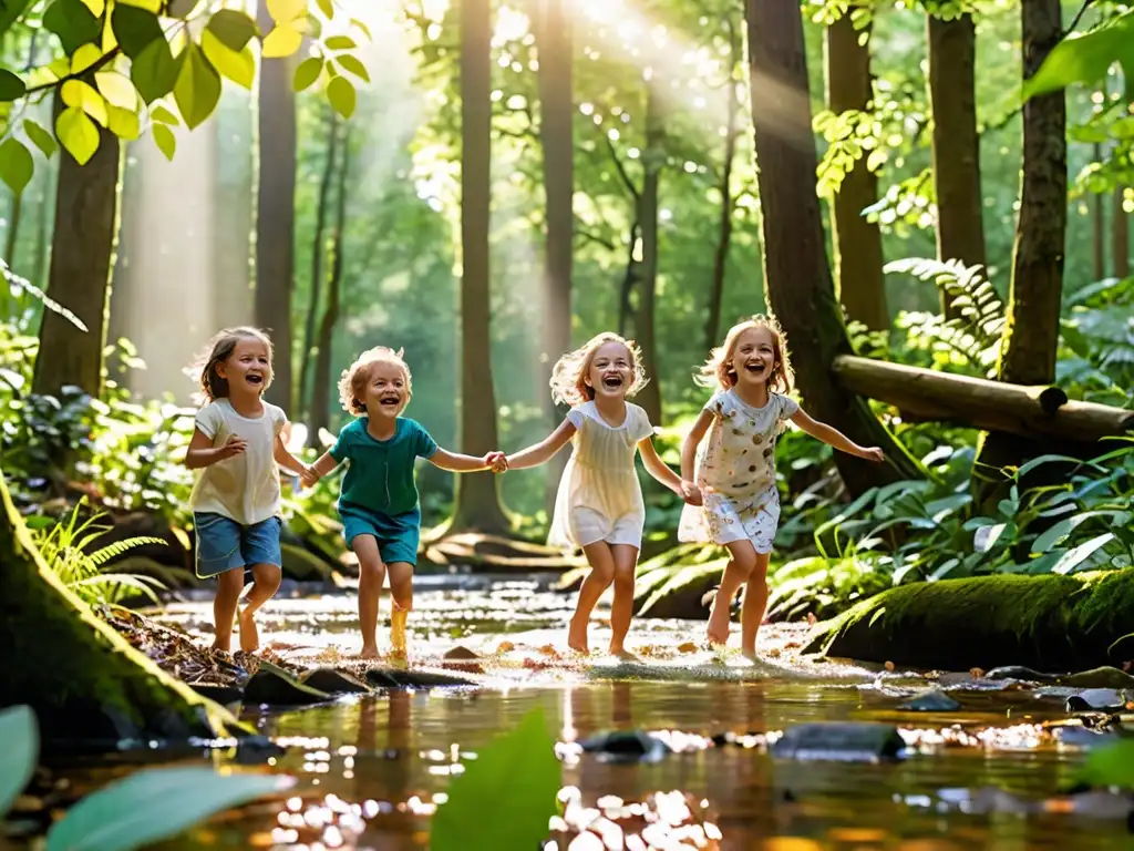 Derechos de los niños en crisis ecológica: Niños felices explorando la naturaleza en un bosque vibrante