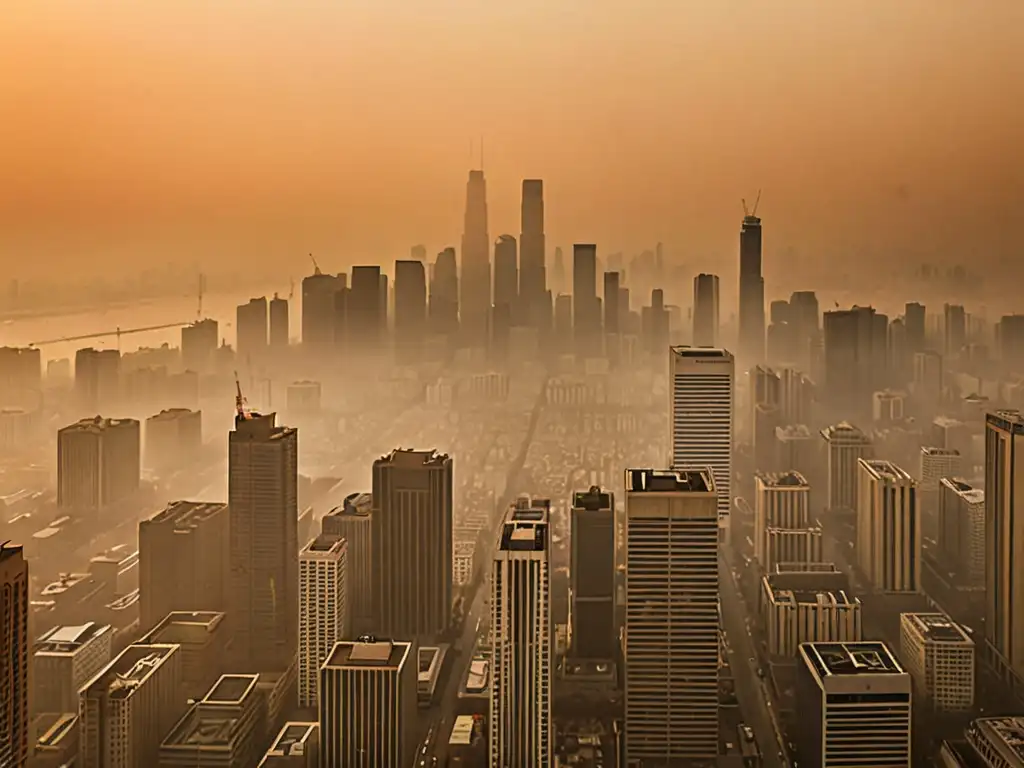 Desafíos globales calidad aire: Atardecer naranja sobre una ciudad envuelta en smog, personas con mascarillas en las calles