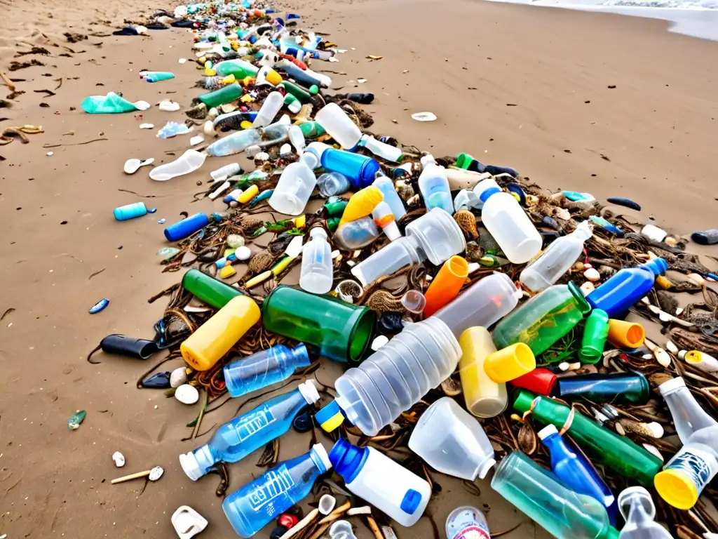 Desafíos de la legislación ambiental frente a la contaminación por residuos marinos en una playa, con plásticos esparcidos en la arena